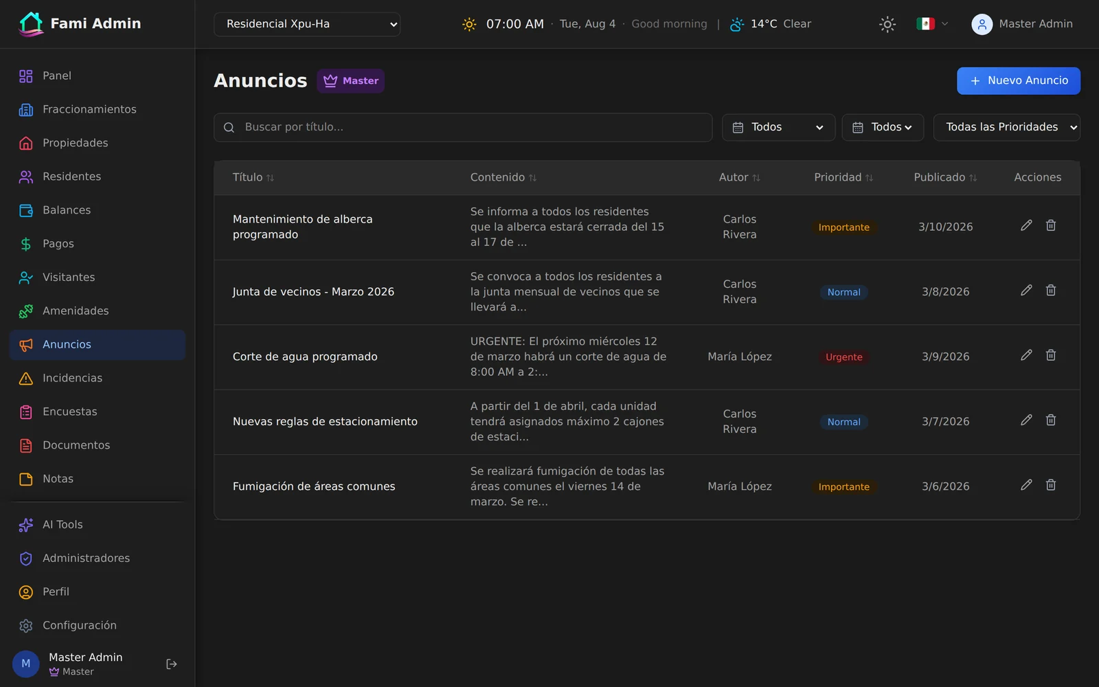 Fami announcements screen listing community notices with content, author, priority badge and publication date