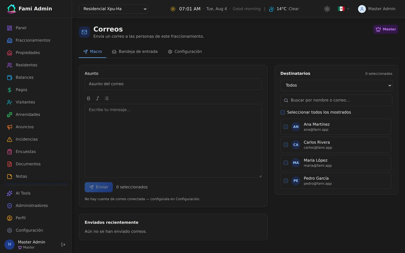 Fami email screen with a message composer on the left and a selectable recipient list of community members on the right
