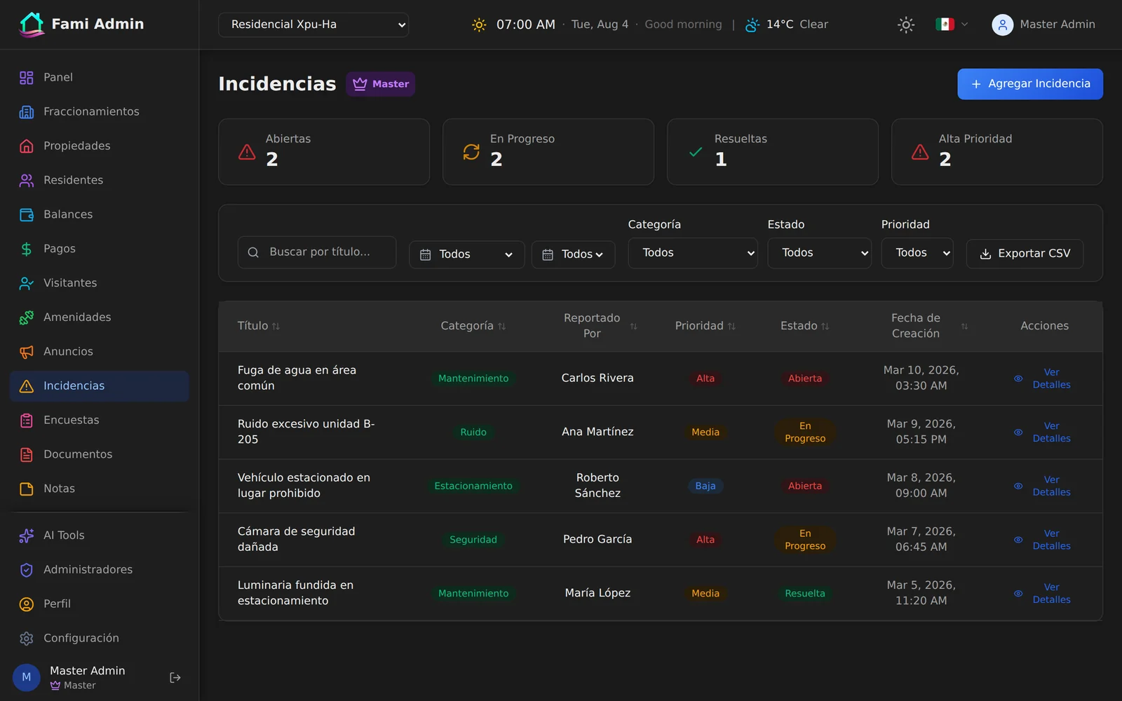 Fami incidents screen showing reported issues with category, priority, status and creation date